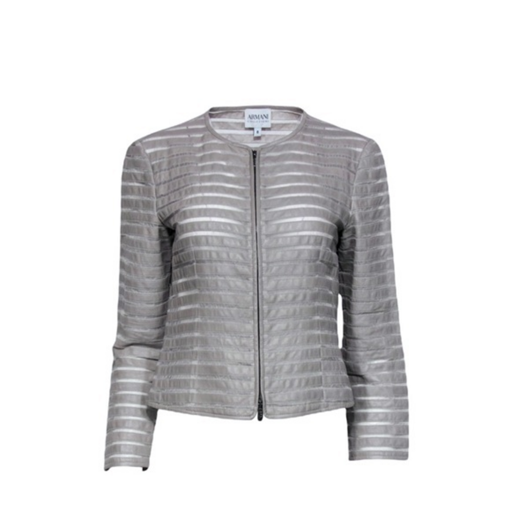 Armani Collezioni Taupe‎ Leather & Silk Striped Zip Up Blazer Jacket